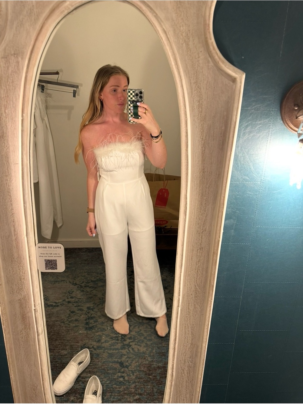 Altard State White Feather Strapless Jumpsuit